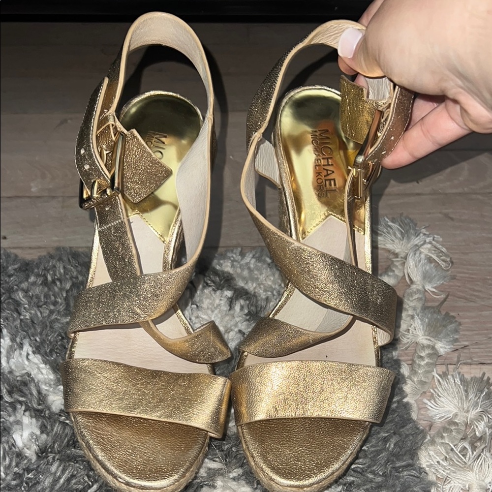 Michael Kors Gold Wedge Sandals with Metallic Accents